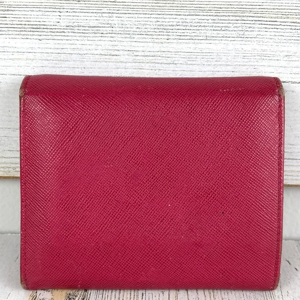 Prada Womens Pink Saffiano Leather Tri Fold Wallet Card Holder Italy Luxury